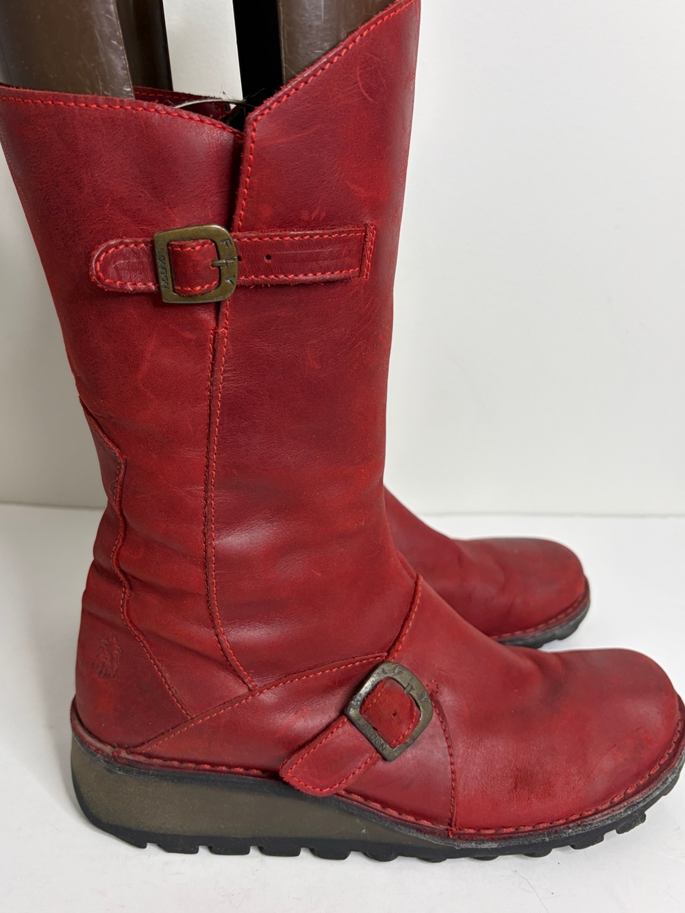 Fly London Boots Womens 40 US 9 9.5 Red Leather Buckle Tall Wedge Comfy Lug Sole